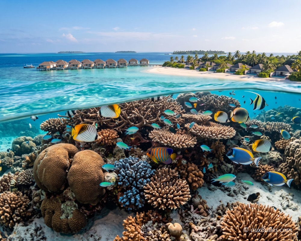 Sous la surface, le snorkeling permet d'explorer la richesse de la faune marine des récifs coralliens des Maldives, directement accessibles depuis les villas sur pilotis et les plages de l'île-hôtel