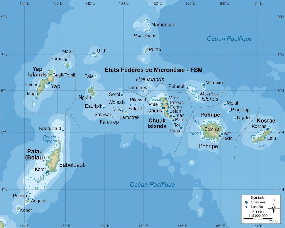 Carte des îles Carolines dans le Pacifique occidental