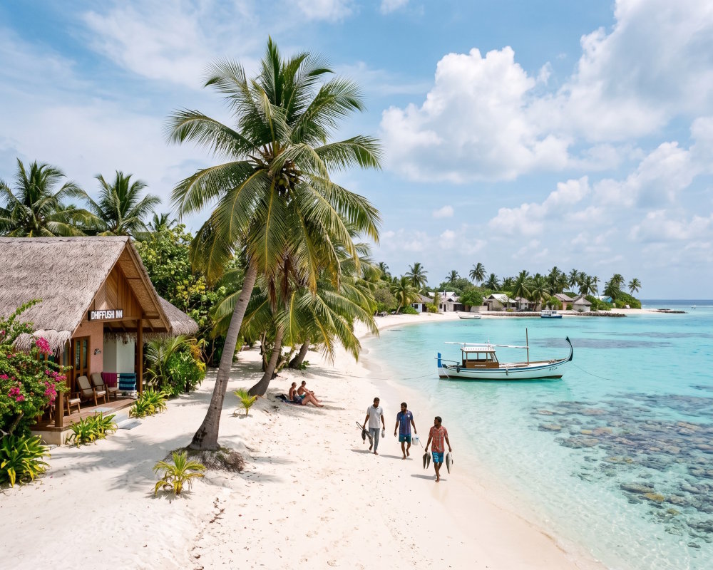 Guesthouse sur une île locale des Maldives, entre plage de sable blanc et lagon turquoise Guesthouse sur une île locale des Maldives, entre plage de sable blanc et lagon turquoise