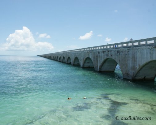 La première section de l'ancien Seven Mile Bridge avec son tablier métallique de couleur bleu relie Knight Key à Pigeon Key La première section de l'ancien Seven Mile Bridge avec son tablier métallique de couleur bleu relie Knight Key à Pigeon Key