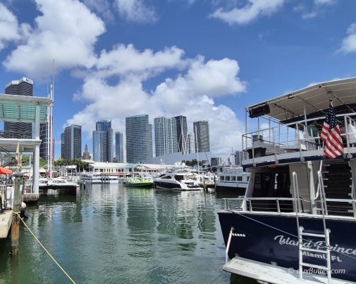 Les embarcadères de 'Miamarina at Bayside' avec les bateaux amarrés à quai