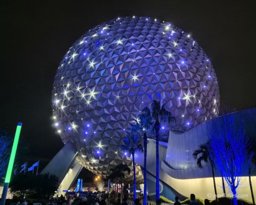 The iconic 'Spaceship Earth' puts on its show at night