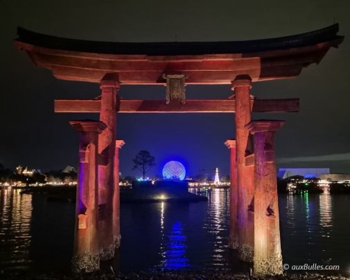 A view of the 'Spaceship Earth' geodesic sphere from the Japan Pavilion at night