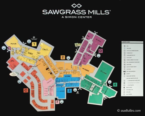 Le plan de Sawgrass Mills avec ses différentes zones et leur couleur associée Le plan de Sawgrass Mills avec ses différentes zones et leur couleur associée
