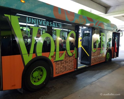 The bus to get to Volcano Bay water park from the Universal parking lots in downtown Orlando
