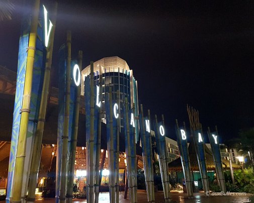 Volcano Bay water park entrance at dusk
