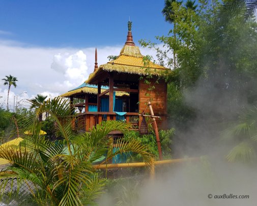 The cabanas bathed in mist