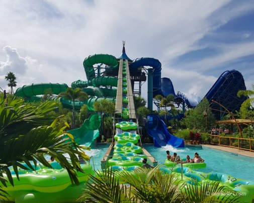 Hop into the 5-person tubes for the Honu and Ika Moana slides in the River Village at Volcano Bay