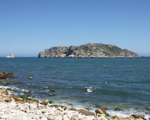 Meda Gran, with the rocky islet El Medallot visible on the left, the largest island in the Medes islands archipelago, off the Costa Brava in Catalonia, Spain