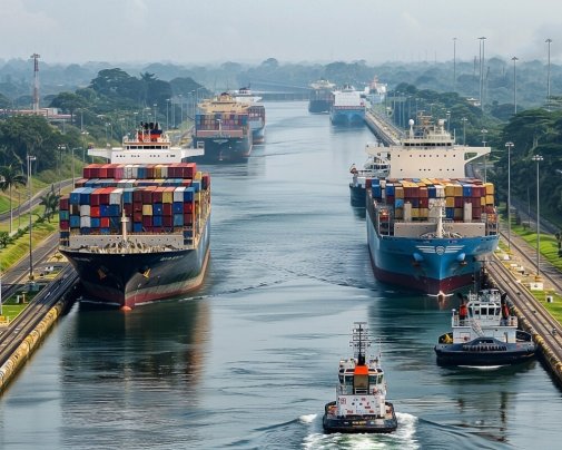 Des navires porte-conteneurs naviguent à travers les écluses du canal de Panama