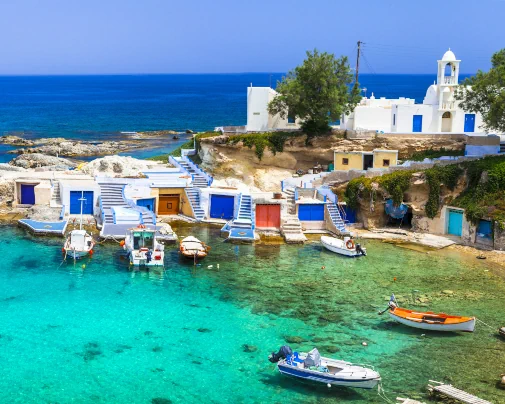 The traditional village of Mandrakia on Milos Island in the Cyclades, Greece