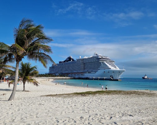 White-sand beach lined with turquoise waters at Ocean Cay, with an MSC cruise ship docked nearby