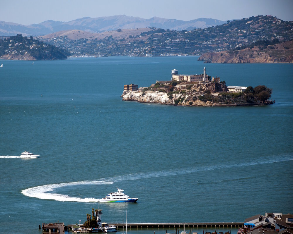 Alcatraz island, nicknamed The Rock, rises in San Francisco bay