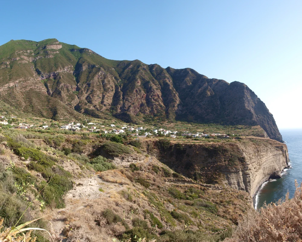 Panoramic view of the village of Pollara along the caldera cliffs on Salina Island in the Aeolian Islands