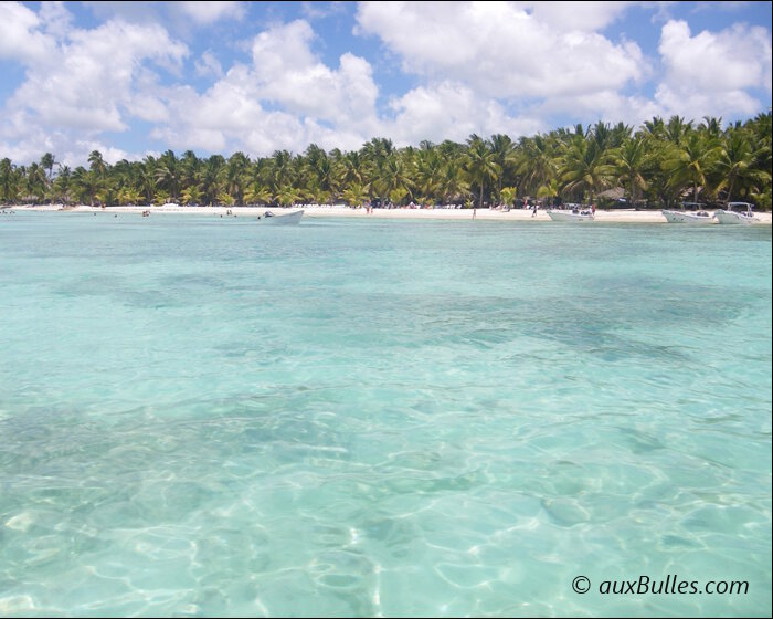 Les eaux turquoise de l'île de Saona avec en fond les plages de sable blanc bordées de cocotiers