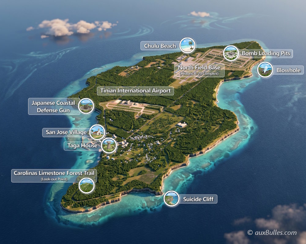 Carte de l'île de Tinian avec les principaux points d'intérêt